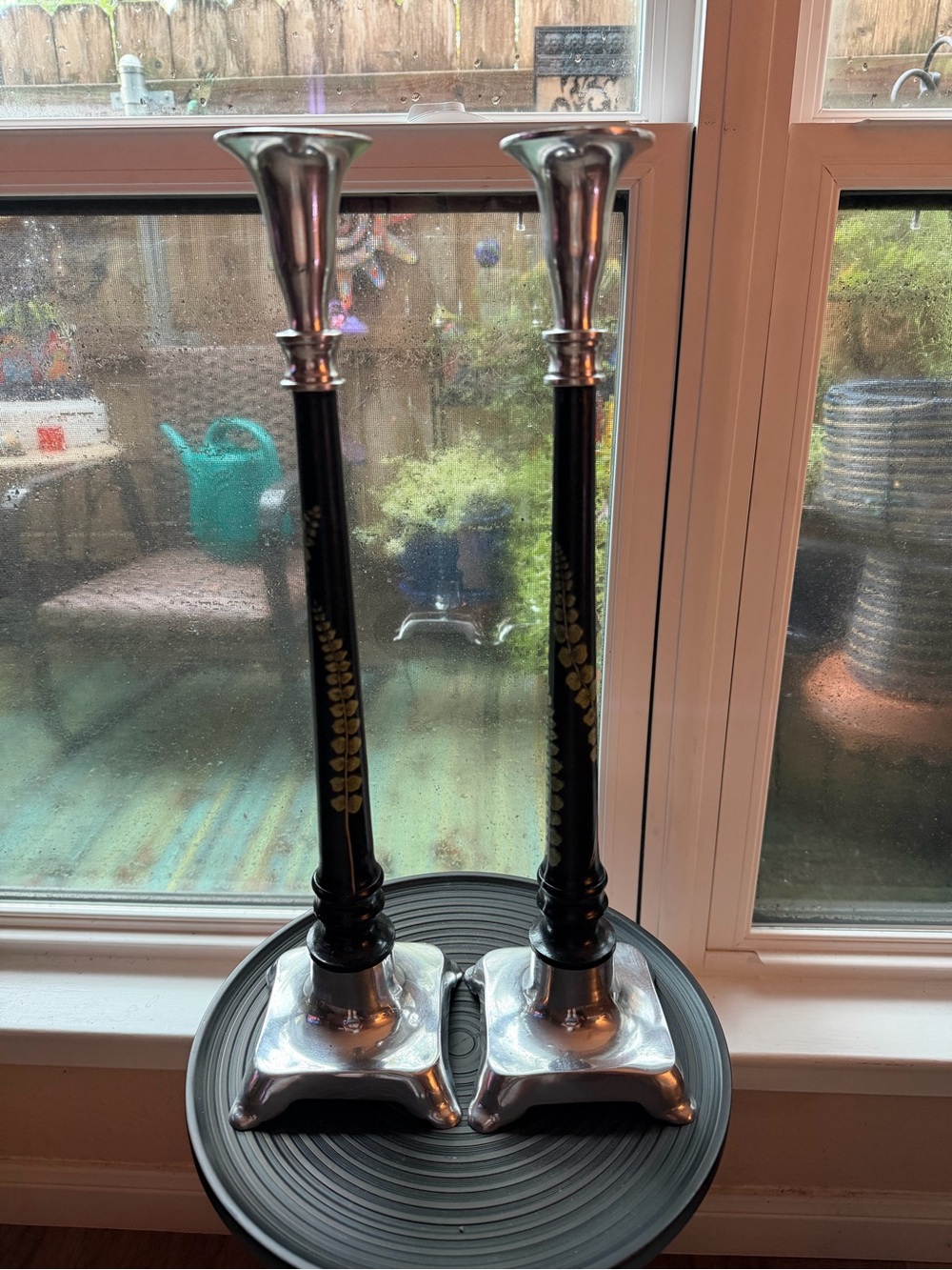 Pair of Tall Silver and Black Candle Stick Holders with Hand Painted Botanicals